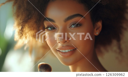 Close up of a woman with glowing skin and curly hair, holding a makeup brush in soft sunlight 126309962