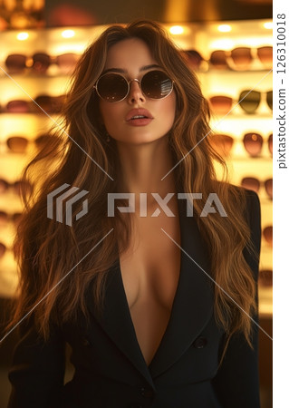 Close up of a brunette woman in sleek sunglasses, illuminated by vibrant light reflecting from glasses 126310018