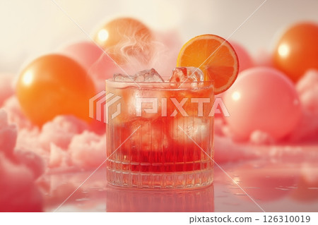 A glass of orange cocktail with ice, steaming softly, surrounded by pink balloons and reflections 126310019
