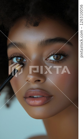 Detailed view of a womans face as a makeup brush applies eyeshadow with precision and elegance 126310056