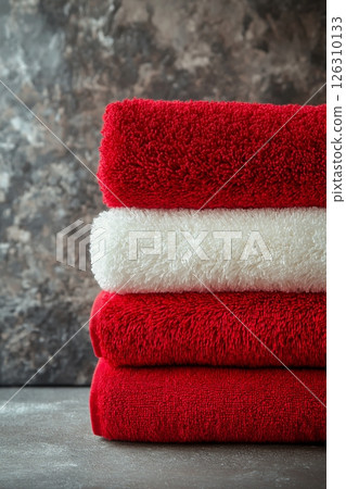 A stack of red and white towels folded neatly, placed on a textured concrete surface with a soft, plush look 126310133