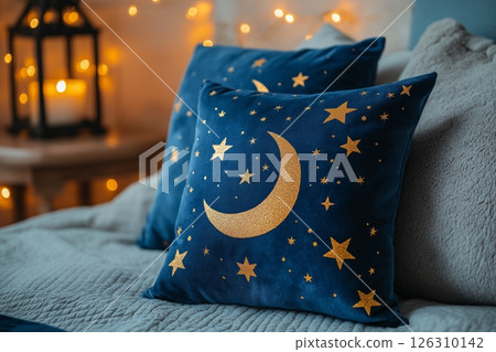 Two navy blue velvet pillows with golden crescent moons and stars rest on a cozy bed with soft lighting 126310142