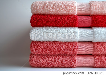 A layered stack of pink, red, and white towels with a fluffy texture, arranged symmetrically on a shelf 126310173