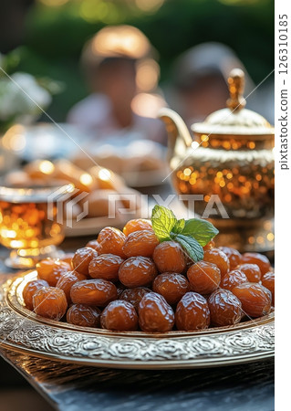 A lavish serving of fresh dates rests on an intricate golden tray, with a gleaming teapot in the background 126310185