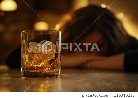 A whiskey glass with ice on a table, woman resting her head in soft, warm bar lighting 126310233