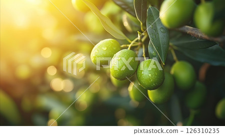 Fresh green olives covered in dewdrops, glowing in golden sunlight on a branch with vibrant leaves 126310235