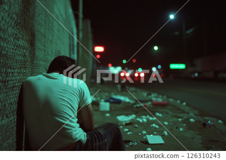 A man sits alone against a wall on a dimly lit street at night, surrounded by trash and neon lights A man sits alone against a wall on a dimly lit street at night, surrounded by trash and neon lights 126310243