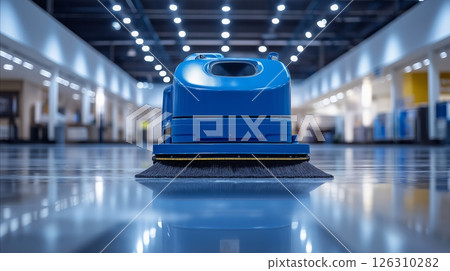 A sleek blue cleaning machine reflects on a glossy floor under bright industrial-style lighting 126310282