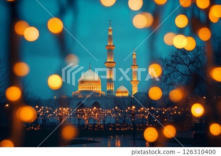 A grand mosque with glowing minarets is framed by warm golden bokeh lights against a blue sky A grand mosque with glowing minarets is framed by warm golden bokeh lights against a blue sky 126310400