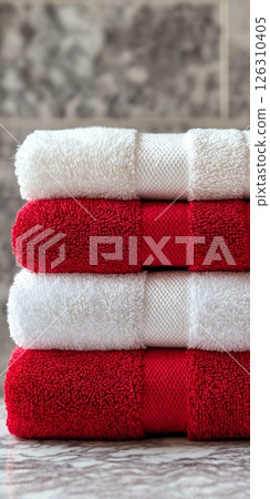 A stack of red and white towels with soft fibers, arranged neatly against a subtly textured bathroom backdrop 126310405