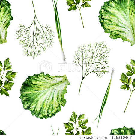 Seamless pattern with fresh green romain lettuce leafs, parsley, dill, green onions.. Watercolor hand drawn Salad kale, oregano herb isolated on transparent background. illustration. For designers 126310407