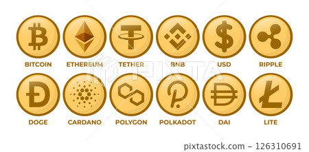 Set of Cryptocurrency Logo Coins: Bitcoin, Ethereum, Tether, BNB, USD, Ripple, Doge, Cardano, Polygon, Polkadot, Dai, Lite 126310691