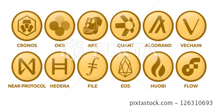 Set of Cryptocurrency Logo Coins: Cronos, OKB, Ape, Quant, Algorand, VeChain, NEAR Protocol, Hedera, File, EOS, Huobi Token, Flow Set of Cryptocurrency Logo Coins: Cronos, OKB, Ape, Quant, Algorand, VeChain, NEAR Protocol, Hedera, File, EOS, Huobi Token, Flow 126310693