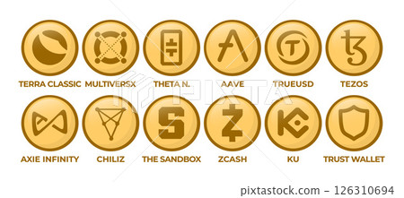 Set of Cryptocurrency Logo Coins: Terra Classic, MultiversX, Theta Network, Aave, TrueUSD, Tezos, Axie Infinity, Chiliz, The Sandbox, Zcash, KuCoin, Trust Wallet 126310694