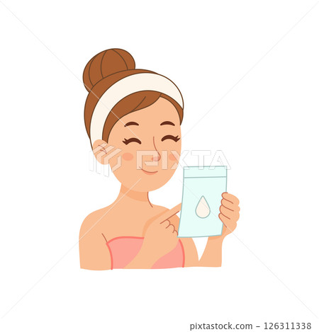 Girl holding moisturizing sheet mask pack and smiling softly 126311338