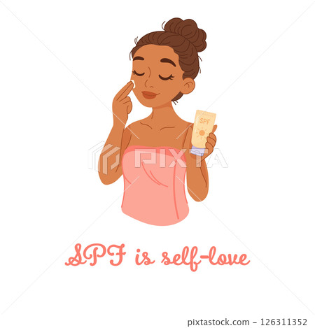 Girl applying SPF cream with self-love message quote Girl applying SPF cream with self-love message quote 126311352