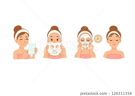 Girl applying moisturizing face sheet mask in skincare steps 126311356