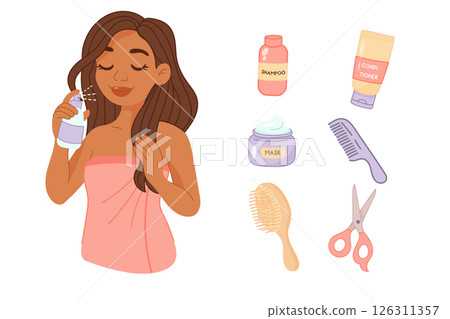 Woman using haircare products with various cosmetic tools 126311357