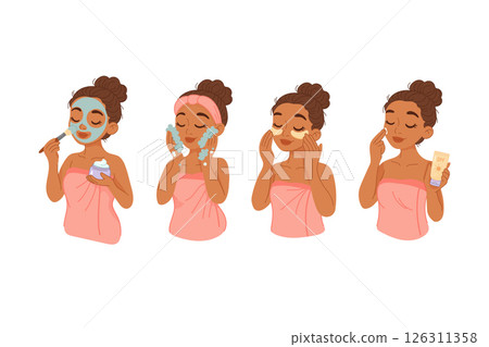 Woman doing step by step facial skincare routine process 126311358