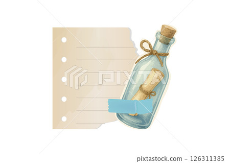 Vintage message in bottle with torn paper sticker background 126311385