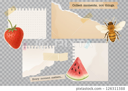 Summer themed transparent paper stickers with fruits and positive quotes Summer themed transparent paper stickers with fruits and positive quotes 126311388