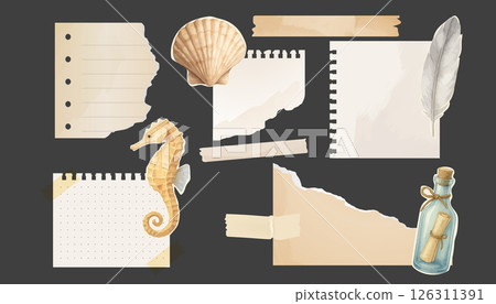Vintage sea themed paper stickers with shells and seahorse decor 126311391