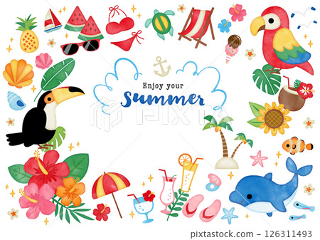 Watercolor hand-drawn summer tropical frame Watercolor hand-drawn summer tropical frame 126311493