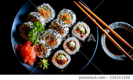 A plate of sushi and chopsticks on a black plate 126311599