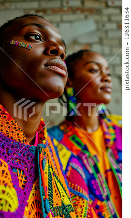 Two women in brightly colored jackets looking up at the sky 126311634