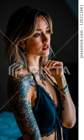 A woman with a tattoo on her arm and shoulder A woman with a tattoo on her arm and shoulder 126311661