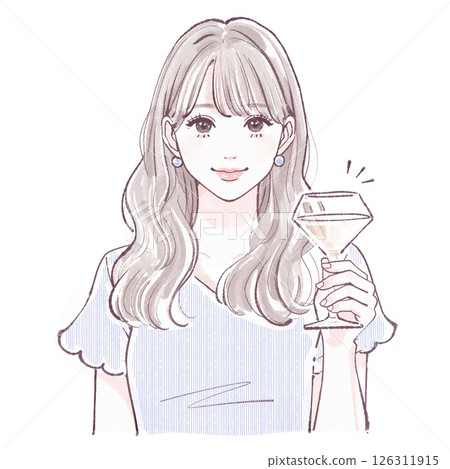 一位女士優雅地拿著玻璃杯的插圖 126311915