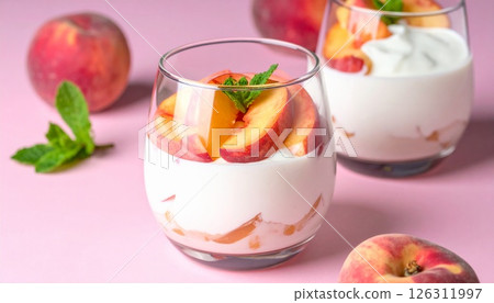 Refreshing peach and yogurt glass dessert 1 126311997