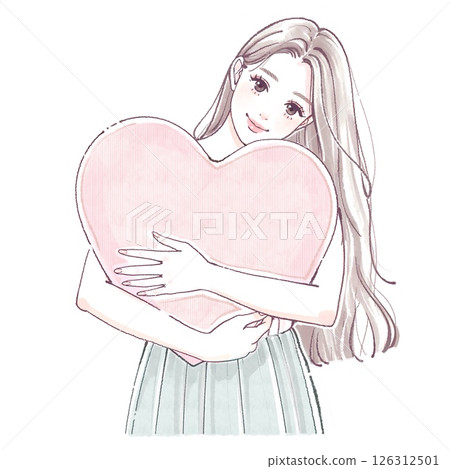Illustration of a woman hugging a heart 126312501