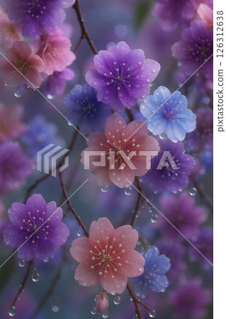 Beautiful blossoms adorned with droplets create a serene atmosphere in a colorful floral display 126312638