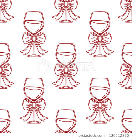 Elegant wine glasses with bows seamless pattern. Festive background. Hand drawn sketch illustration. 126312820