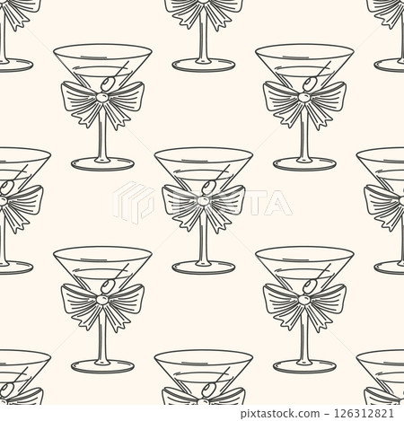 Elegant martini glasses with bows seamless pattern. Festive background. Hand drawn sketch illustration. 126312821