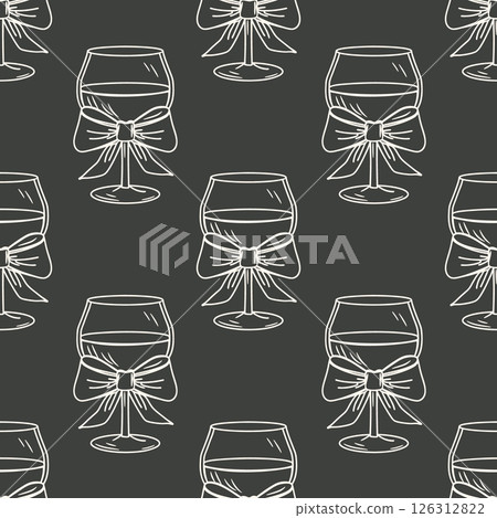 Elegant wine glasses with bows seamless pattern. Festive background. Hand drawn sketch illustration. 126312822