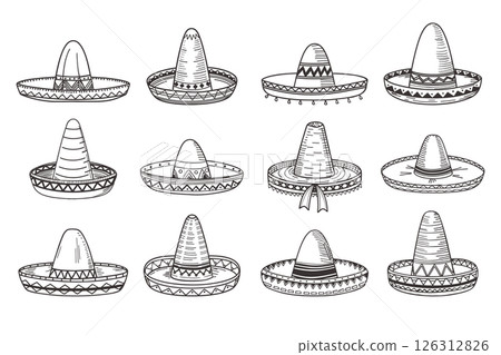 Collection of hand drawn sombreros, mexican culture. Sombrero icon set. Latin american ethnic clothing. Sketch. Collection of hand drawn sombreros, mexican culture. Sombrero icon set. Latin american ethnic clothing. Sketch. 126312826