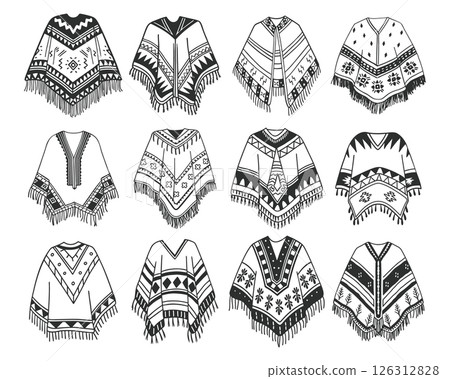 Hand drawn poncho collection. Poncho icon set. Latin american clothing. Spanish ethnic woolen clothes. Sketch. 126312828