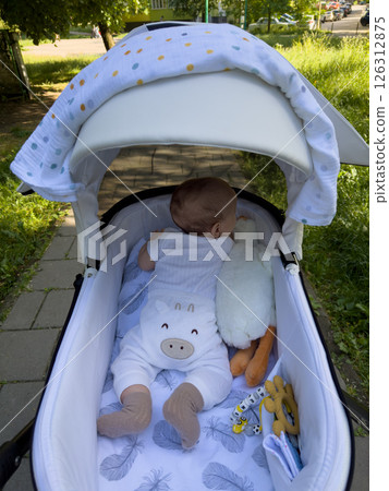 Baby in Stroller with Soft Toys in Nature Baby in Stroller with Soft Toys in Nature 126312875