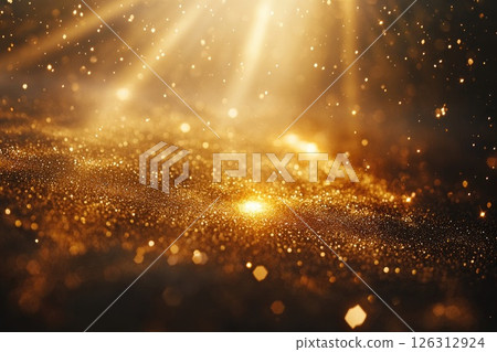 Golden sparkling dust particles illuminated by soft light creating a magical atmosphere Golden sparkling dust particles illuminated by soft light creating a magical atmosphere 126312924