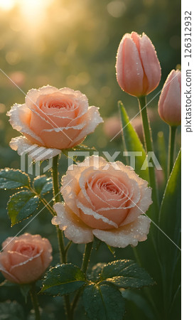 Close up of roses and tulips covered with dew in the garden in the early morning Close up of roses and tulips covered with dew in the garden in the early morning 126312932