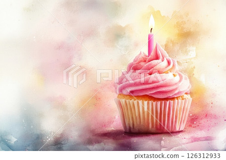 Colorful cupcake with pink frosting and candle on a soft pastel background for celebration Colorful cupcake with pink frosting and candle on a soft pastel background for celebration 126312933