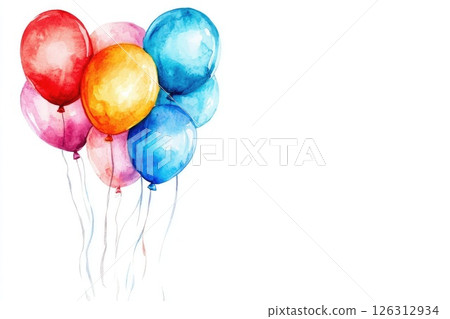 Colorful watercolor balloons floating against a soft white background with ample copy space for text Colorful watercolor balloons floating against a soft white background with ample copy space for text 126312934
