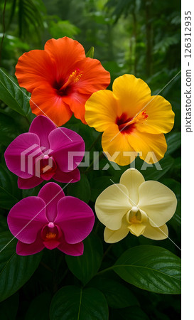 Bright arrangement of tropical flowers Bright arrangement of tropical flowers 126312935