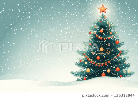 Christmas tree decorated with ornaments and a star, surrounded by falling snowflakes in winter Christmas tree decorated with ornaments and a star, surrounded by falling snowflakes in winter 126312944