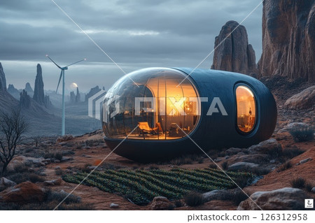 Futuristic eco-friendly home with large glass windows surrounded by desert landscape and wind turbine 126312958