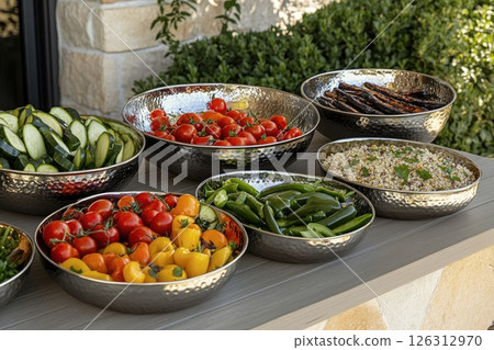 Colorful assortment of fresh vegetables and grains in metallic bowls on a wooden table 126312970