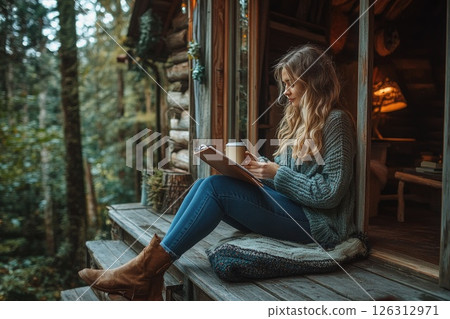 Young woman enjoying a cozy moment reading a book on a wooden porch surrounded by nature 126312971