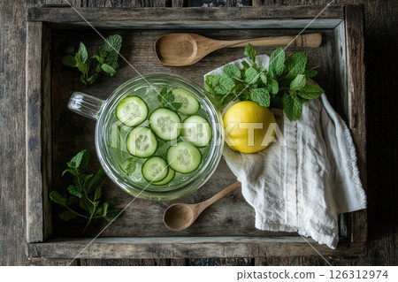 Refreshing cucumber lemon water in a glass pitcher with mint leaves on a rustic wooden tray 126312974